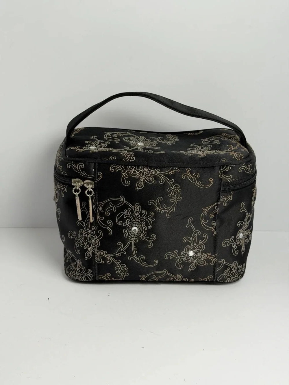 Givenchy Vintage Floral/Atabesque Vine Motif Black Satin Vanity Case